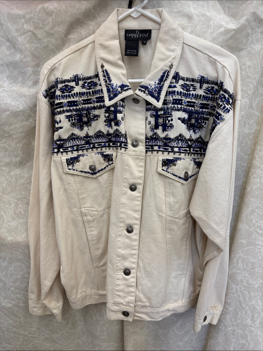 Carol little Cream Denim Jacket with Navy Embroidered Yoke